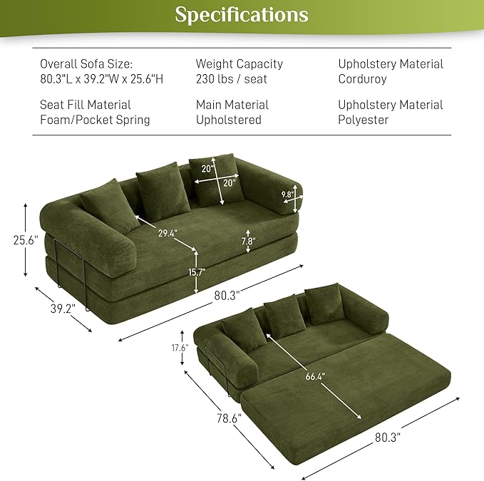 80.3" Convertible Sleeper Sofa Bed with Cylindrical Pillow, Corduroy Folding Mattress Couch with Fixed-Shape Frame, Modular Floor Sofa Lounge Couch for Living Room Bedroom Lounge, Green-Ruum Studio Home