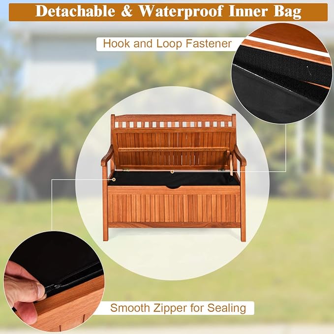 Tangkula Outdoor Wood Storage Bench Deck Box, Entryway Porch Storage Bench with Inner Removable Dust-Proof Lining & Portable Handles, Eucalyptus Wood Loveseat for Garden, Lawn, Balcony & Yard-Ruum Studio Home