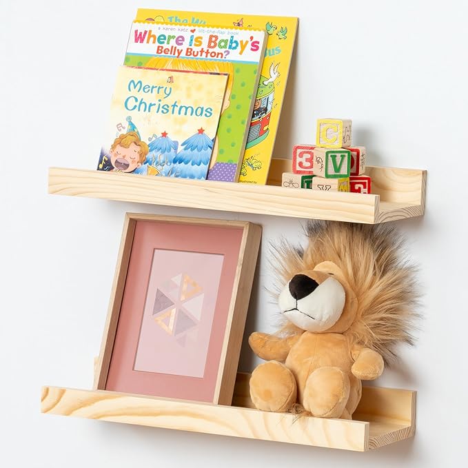 Picture Ledge Shelf for Wall, 16 inch Solid Pine Wood Nursery Book Shelves 2 Packs, Floating Ledge Shelves for Kids' Room Bedroom Bathroom Living Room Photo Frames Office Nursey Wall Decor, Natural-Ruum Studio Home