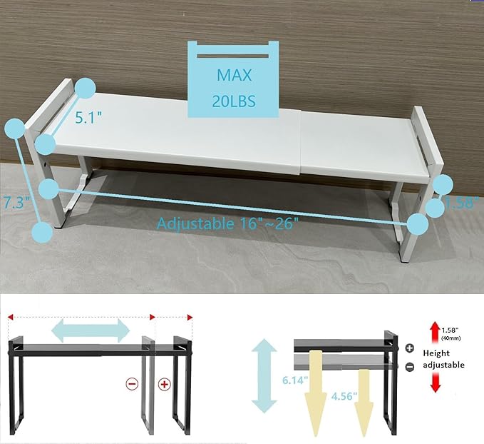 Expandable Cabinet Shelf Organizer 16-26" L Stackable Kitchen Counter Shelf Rack Stand Sink Riser Countertop Storage White (Narrow 5.1”D)-Ruum Studio Home
