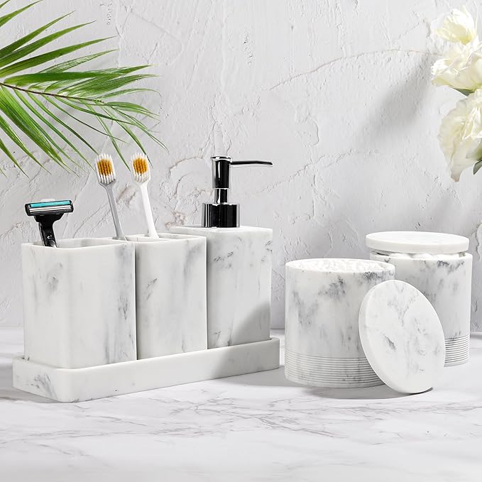 Bathroom Accessories Set, 6 Piece Bathroom Set with Toothbrush Holders, Soap Dispenser, Vanity Tray, Tumbler, Cotton Swab Jars, Bathroom Organizer，Bathroom Sink Sets, Artificial Marble White-Ruum Studio Home