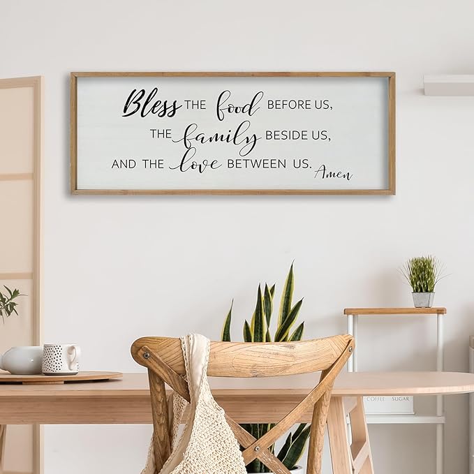 SRSZHIYUE Bless the Food Before Us Wall Sign Decor 40"×15" Christian Bible Verse for Farmhouse Rustic Kitchen Dining Room Framed Wood Scripture Religious Jesus Prayer Wall Art (Wood)-Ruum Studio Home
