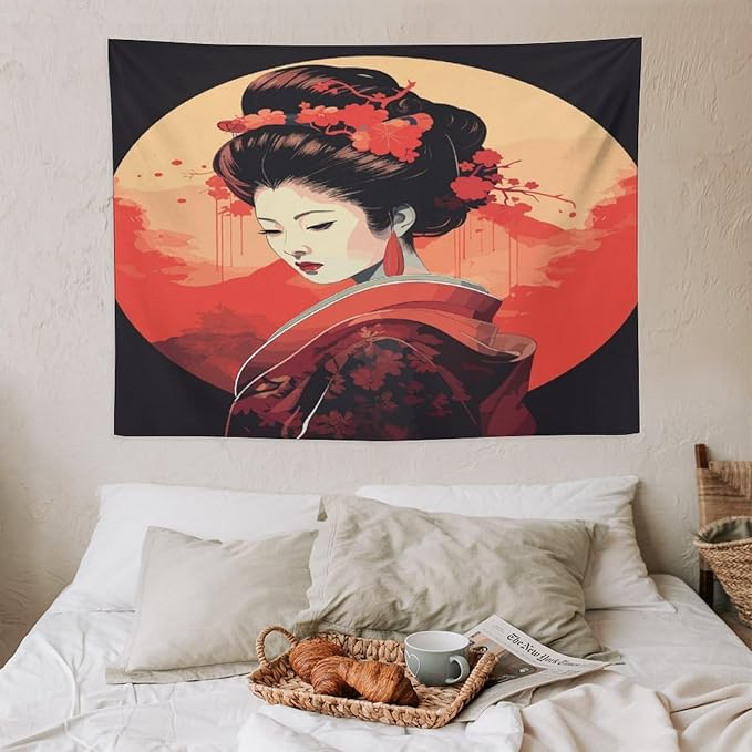 Japanese Woman Geisha Tapestry Asian Cherry Blossom Red Sun Traditional Kimono Folk Tapestries Home Decor for Living Room Bedroom Apartment Farmhouse Dorm 40"x30"-Ruum Studio Home