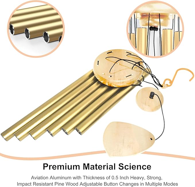 Large Aluminium Wind Chimes 37 Inches to Create a Zen Atmosphere Suitable for Outdoor, Garden, Patio Decoration. Classic Wind Chimes with Wind Catcher as a Gift for Unisex(Light Golden)-Ruum Studio Home