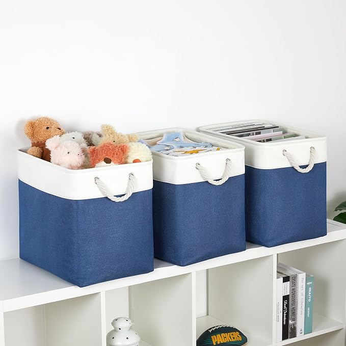Bidtakay Extra Large Storage Baskets for Shelves 3 Pack Fabric Storage Bins for Organizing Linen Collapsible Organizer for Closet-White&Blue-Ruum Studio Home