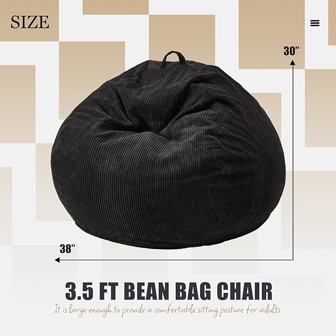 Hobestluk 3.5FT Bean Bag Chair Adult Bean Bag Chair Large Bean Bag Chair with Filler Included Teardrop Bean Bag with Removable Cover for Bedroom Living Room - (Large, Black)-Ruum Studio Home