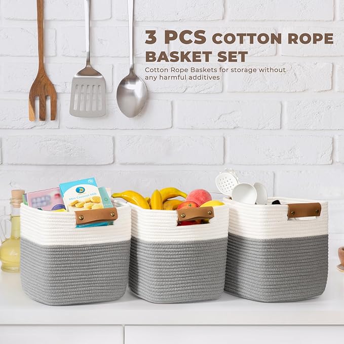 danpinera 3 Pack 11"x11" Woven Basket for Organizing, Square Storage Baskets for Pillows, Towels, Toy, Clothes, Magazines, Decorative Storage Cubes for Bedroom, Living Room, Classroom, Grey-Ruum Studio Home