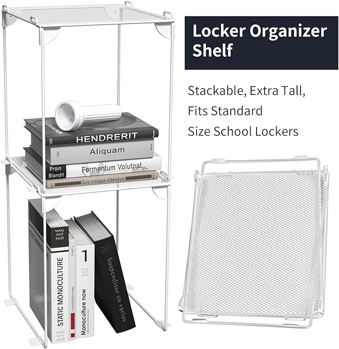 Neudeco Pack 2, Mesh Locker Shelf, Stackable Extra Tall Locker Organizer, Collapsible and Metal Mesh Build, Fits Standard Size, Suitable for School, Work, Kitchen, Bathroom (White)-Ruum Studio Home