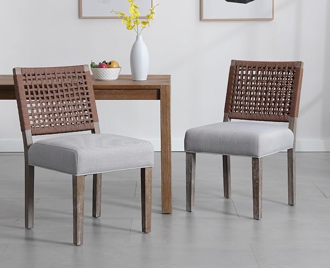 Kmax Farmhouse Dining Chairs Set of 2, Rustic Kitchen Chairs with Linen Fabric Seat and Woven Back, Vintage Accent Chairs for Dining Room, Living Room, Grey-Ruum Studio Home