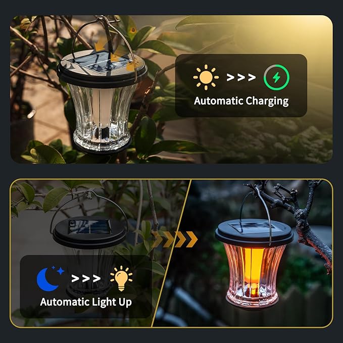 Glass Solar Lantern Outdoor Lights Waterproof, Flickering Flame Solar Lights with Modular Design, Auto On/Off Decorative Hanging Lanterns for Patio Garden Pathway Camping Deck Yard (4 Pack)-Ruum Studio Home