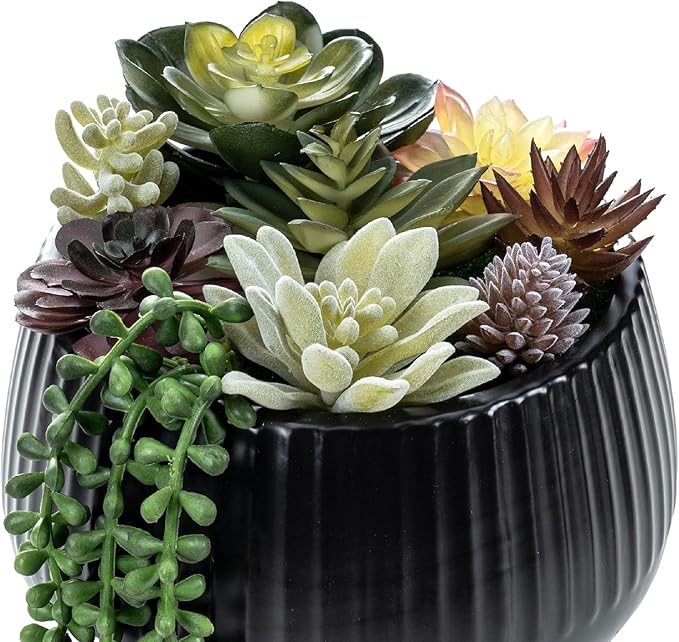 MyGift 8 Inch Modern Green Artificial Succulent Arrangement Potted in Matte Black Fluted Ceramic Round Planter, Decorative Plant Pot with Assorted Faux Mini Succulents-Ruum Studio Home
