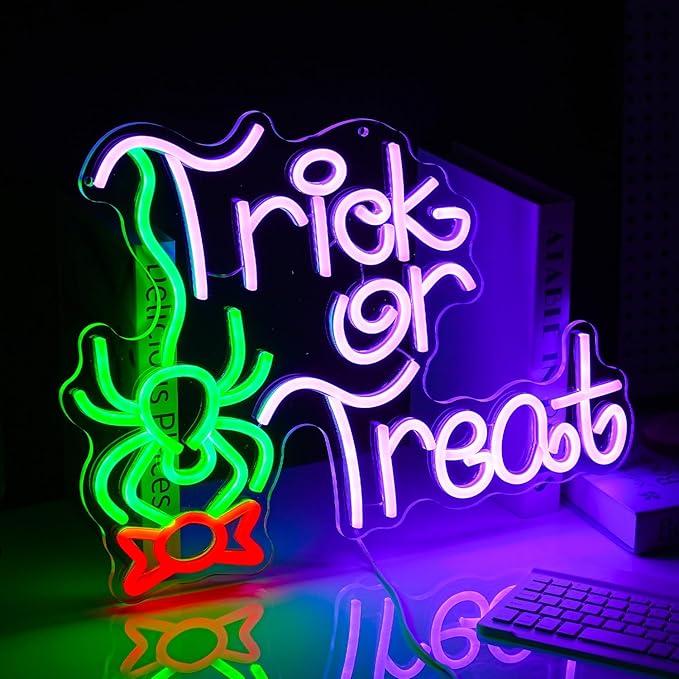 Trick Or Treat Neon Sign Funny Spider Candy LED Neon Light for Wall Decor Dimmable USB Halloween Light Up Sign for Halloween Party Home Neon Decor (16.7 * 12.8In)-Ruum Studio Home