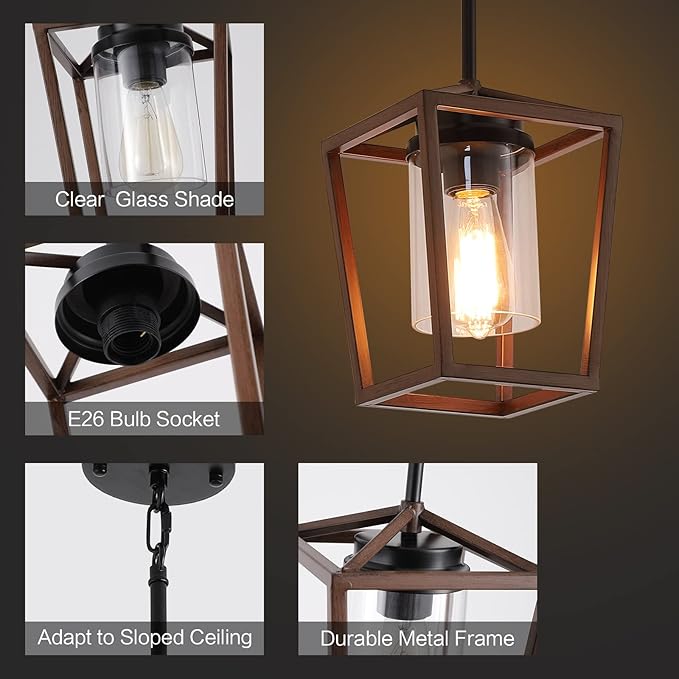 SGLfarmty Farmhouse Bar Pendant Lighting for Kitchen, Single Pendant Island Light with Wooden Finish，Modern Industrial Metal Pendant Light Fixtures，Rustic Ceiling Lantern Hanging Light,1 Pack-Ruum Studio Home