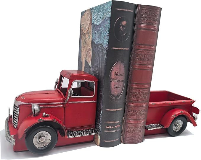 Decorative Book Ends Vintage Bookends: Metal Truck Book Stopper for Heavy Books - Farmhouse Decor for Shelf Table Coffee Bar Office Home - Gift for Adults Men Teen (Vintage Red)-Ruum Studio Home