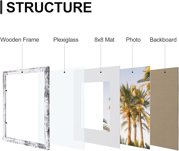 Vittanly 12x12 Picture Frames Set of 9, Shatter Resistant Plexiglass, Display 8x8 Pictures with Mat or 12x12 without Mat, Photo Frames for Wall Mount, Engineered Wood, Distressed White-Ruum Studio Home