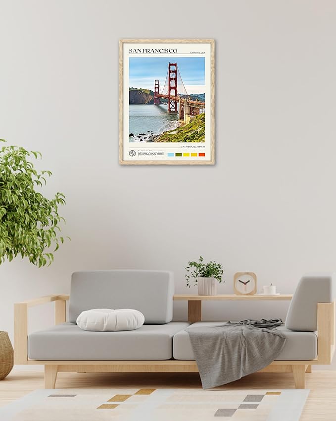 HesenDot Natural OAK Wood Golden Gate Bridge Framed Wall Art,12x16in San Francisco City Skyline Canvas Wall Print,Modern Urban Landmark Wall Decor for Living Room,Bedroom,Office Gallery Gifts Set of 1-Ruum Studio Home
