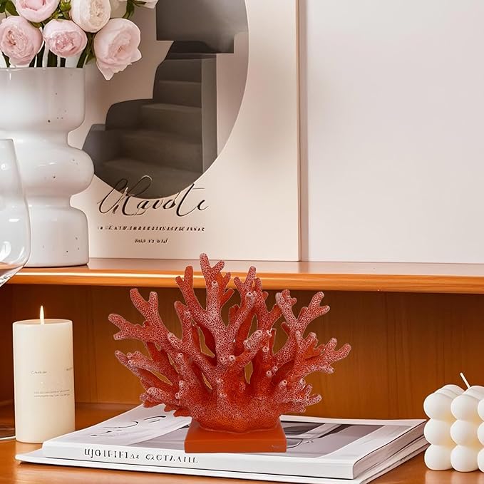 5.8" H Red Orange Coral Decor - Resin Coral Statue, Nautical Decor for Home, Bedroom, Bathroom, Living Room, Ocean Themed Cabinet Shelf Tabletop Decoration-Ruum Studio Home