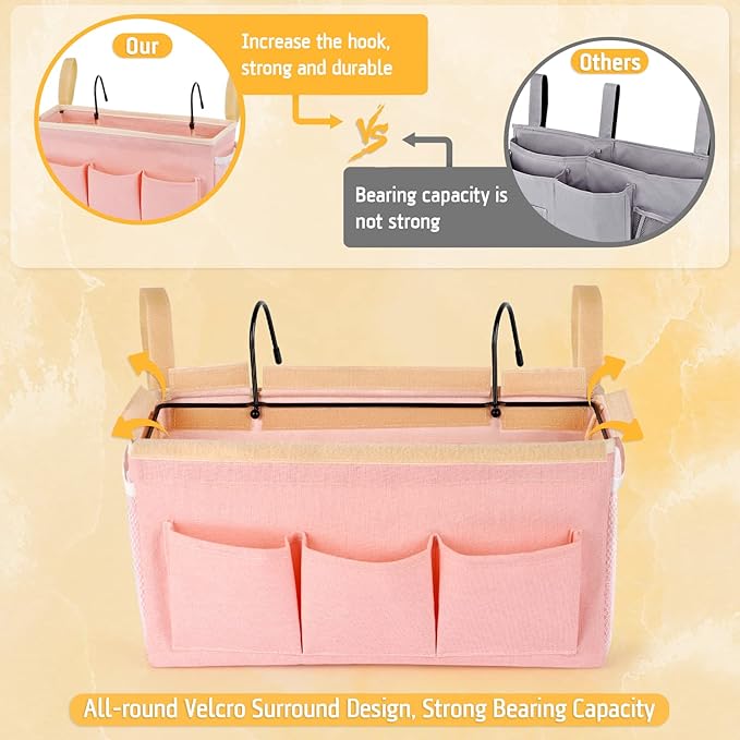 Bedside Caddy Bedside Organizer Bedside Storage Caddy with Fixed Straps and Water Bottle Holder for Home College Dorm Bunk Bed Hospital Bed Crib Bed Rails (2pcs Pink)-Ruum Studio Home