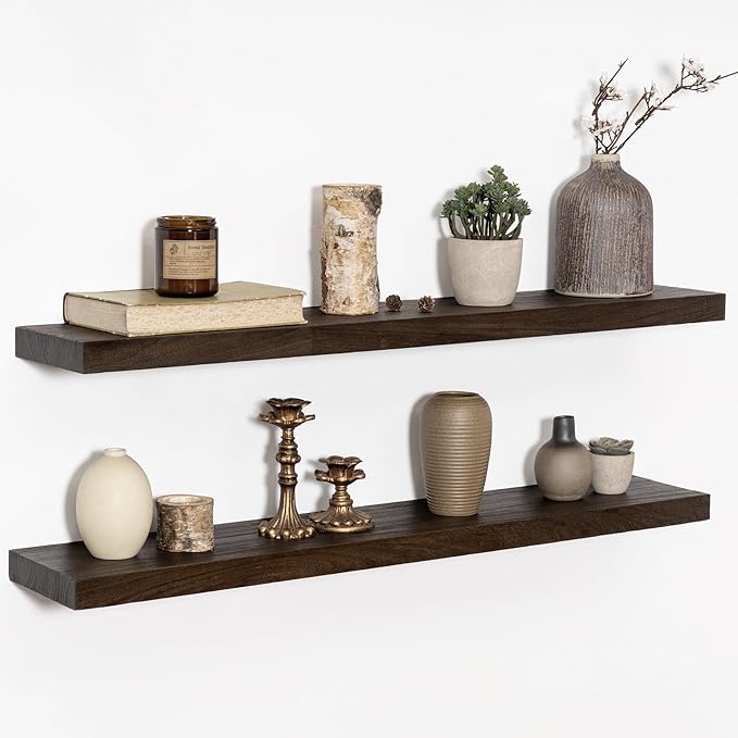 36 Inch Floating Shelves for Wall, Rustic Elm Wood Shelf for Home Decor, Heavy-Duty Wooden Floating Shelves for Kitchen, Wall Mounted Storage Shelves for Bathtoom, Living Room, Walnut Color, Set of 2-Ruum Studio Home