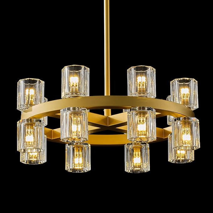 Gold Chandelier Light Fixture Kitchen and Dining, 16-Lights Modern Chandeliers for Dining Room, 18" Farmhouse Kitchen Pendant Lights Over Table, Crystal Wagon Wheel Chandelier(Bulbs Included)-Ruum Studio Home