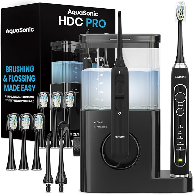 AquaSonic Home Dental Center PRO – Brushing & Flossing Made Easy – Brush & Floss – Power Toothbrush & Water Flosser – Whiter Teeth & Healthier Gums – Black Series Pro+Oral Irrigator-Ruum Studio Home