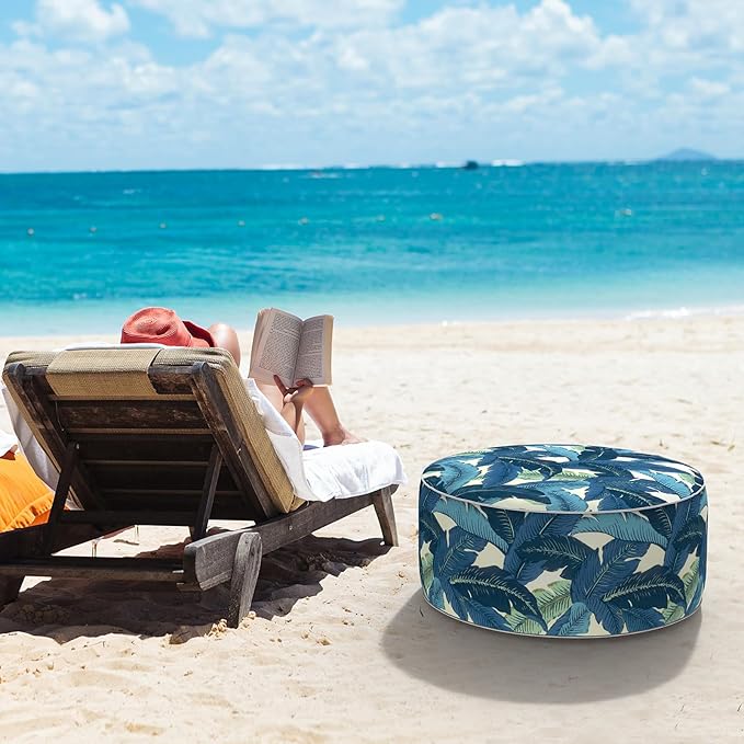 LVTXIII Indoor/Outdoor Inflatable Ottoman, D31 x H14 Inch Large Round Ottoman, All Weather Foot Rest Stool, Portable Footrest for Patio, Garden, Camping and Home - Swaying Palms Blue-Ruum Studio Home