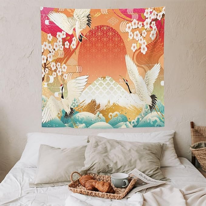 HZOHNAGO Japanese Tapestry Cherry Blossom Crane Sea Wave Fuji Mountain Red Sun Pattern Printed Wall Tapestry Painting Wall Hanging for Bedroom Living Room Dorm 60" W x 60" H-Ruum Studio Home