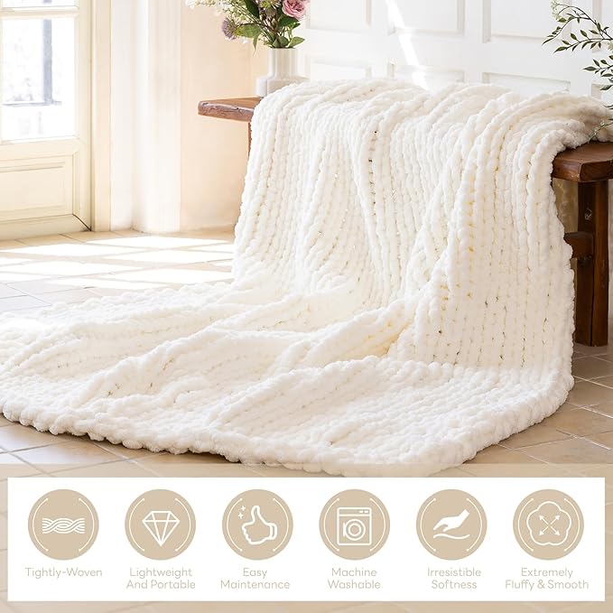 Chunky Knit Blanket - Luxury Soft Cozy 50 * 60 Throw Blanket,100% Woven Blanket Rope Knot Throw Blanket for Couch, Sofa, Home Decor, Gift - Machine Washable（Milk White）-Ruum Studio Home