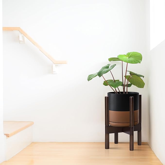 D'vine Dev Ceramic Planter with Walnut Color Stand - 8 Inch Modern Round Flower Pot with Wood Planter Holder, Black/Speckled Tan, 55-B-Y-7-Ruum Studio Home