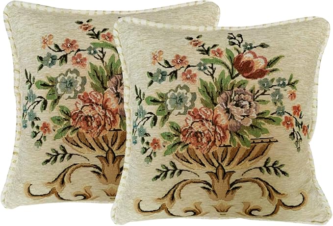 Set of 2 Beige Vintage Throw Pillows Covers 18x18in，Floral Embroidered Cushion Cover for Sofa Bedroom，Euro Sham Covers Retro Home Decor Pillows Covers-Ruum Studio Home