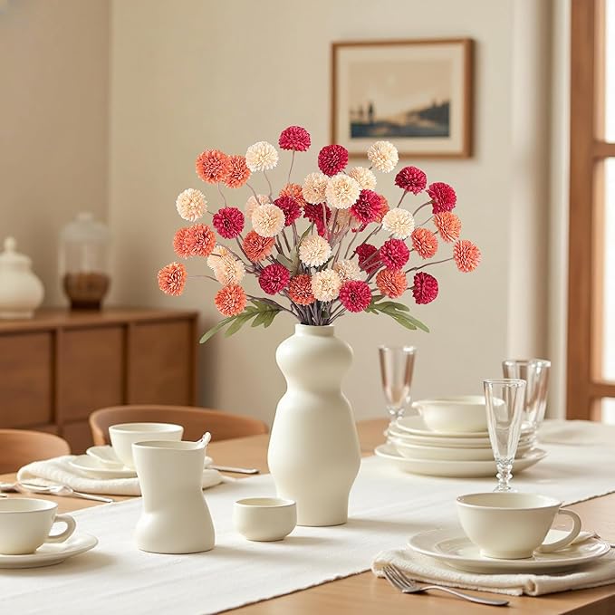 Faux Kiku Flowers Fall 10 Stems & 2 Eucalyptus, Fake Mums Pompon Flower Ball, Autumn Burnt Orange Artificial Chrysanthemums Flowers for Boho Decor, Mini Faux Kiku Flower Wedding Arrangements Decor-Ruum Studio Home