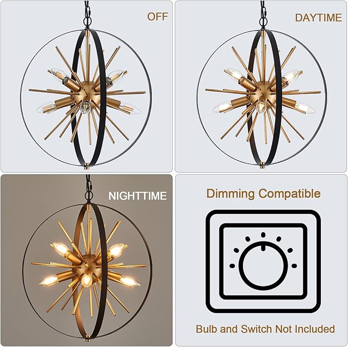 17.72'' Black Gold 8-Light Globe Sputnik Chandelier Modern Industrial Adjustable Hanging Ceiling Firework Pendant Light Fixture for Entryway Stairway Kitchen Dining Living Room Hallway-Ruum Studio Home