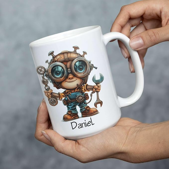Personalized Tech Enthusiast Coffee Cup 11oz 15oz, Customized Steampunk Character Design Ceramic Mug, Unique Custom Name Mug Gift For Engineer, Kid Cup, Cute Mechanic White Cup-Ruum Studio Home