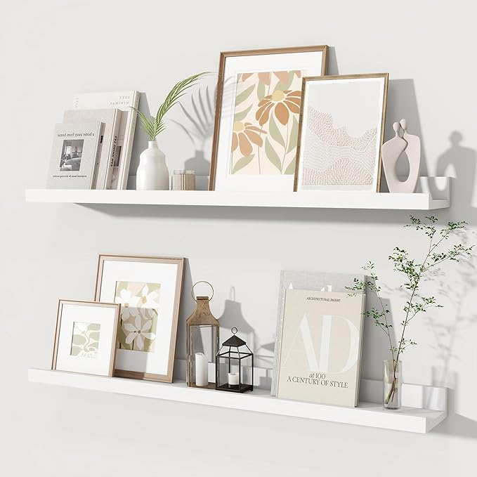 Fun Memories Picture Ledge Shelves Set of 2, 32 Inch Rustic Wall Mounted Floating Shelves with Lip for Home Storage and Décor in Bathroom, Kitchen, Nursery, Bedroom, Living Room, White-Ruum Studio Home