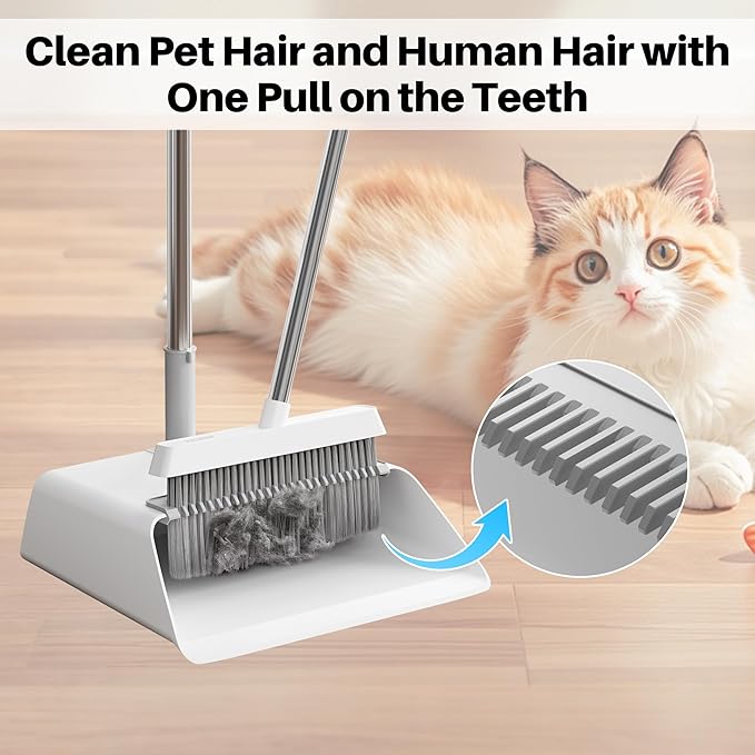 JOYMOOP White Broom and Dustpan Set, Upright Angle Design with Built-in Comb Teeth for Kitchen, Office, Pet Hair, Hard Floors-Ruum Studio Home