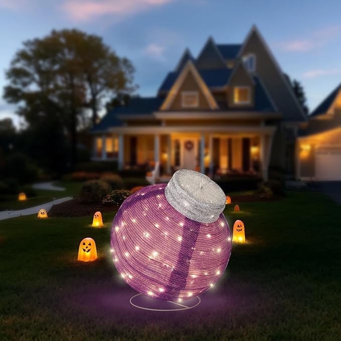 BRIGHTDECK Outdoor Halloween Ornaments, Lighted Pop-Up Outdoor Holiday Ball Decoration with 80 LED Lights, 8 Light Modes, Lighted Collapsible Holiday Decorations for Yard, Home (Purple)-Ruum Studio Home