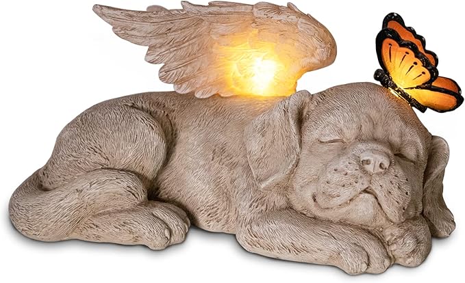 WONDER GARDEN Sleeping Dog Angel Statue with Solar Light - Pet Memorial Stone, in Memory of Dog, Marker Tribute Statues, Resin Guardian Angels, Bereavement Gift-Ruum Studio Home