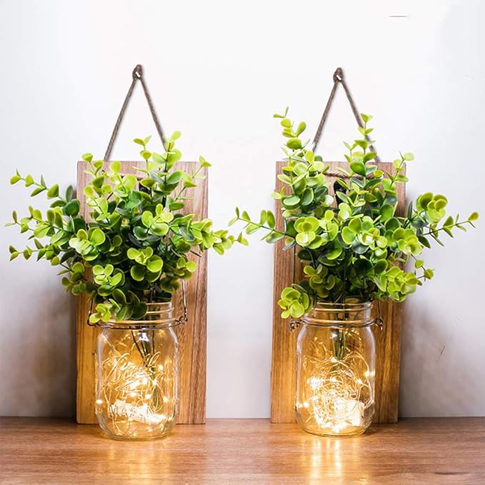Rustic Wall Sconces, Mason Jar Sconces, Farmhouse Home Decor, LED Fairy Lights, Green Fake Plant, Interior Decoration Warm Toned Lighting. (2 Pack)-Ruum Studio Home