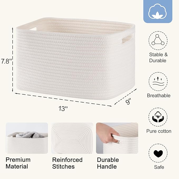 4 Pack Storage Baskets for Organizing, Woven Baskets for Shelves - Perfect for Toys, Books, Towels, and Clothes, Durable Gift Basket Bins Toy Storage, 12.7''L x9''W x7.8''H, White-Ruum Studio Home