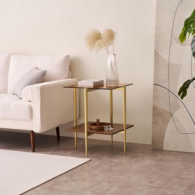 Glass End Table, Mid-Century Modern Design Sofa Table, L41 x W21 x H17, for Living Room, 2-Tier Structure, Clear Glass Top and Walnut MDF Shelf, Sleek Conical Metal Legs with Gold Finish Frame-Ruum Studio Home