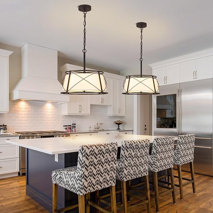 15.7" Black Drum Chandelier,3-Light Modern Farmhouse Chandelier,White Fabric Drum Shade Pendant Light Fixture for Dining Room Kitchen Island Bedroom Entryway-Ruum Studio Home