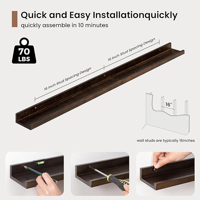 Picture Ledge Shelf, Solid Pine Wood Floating Shelves Set of 2, 40 Inches Nursery Book Shelves for Toys Storage, Kids Bookshelf Wall Mounted for Living Room Bedroom Decor Books Photo Frames, Walnut-Ruum Studio Home
