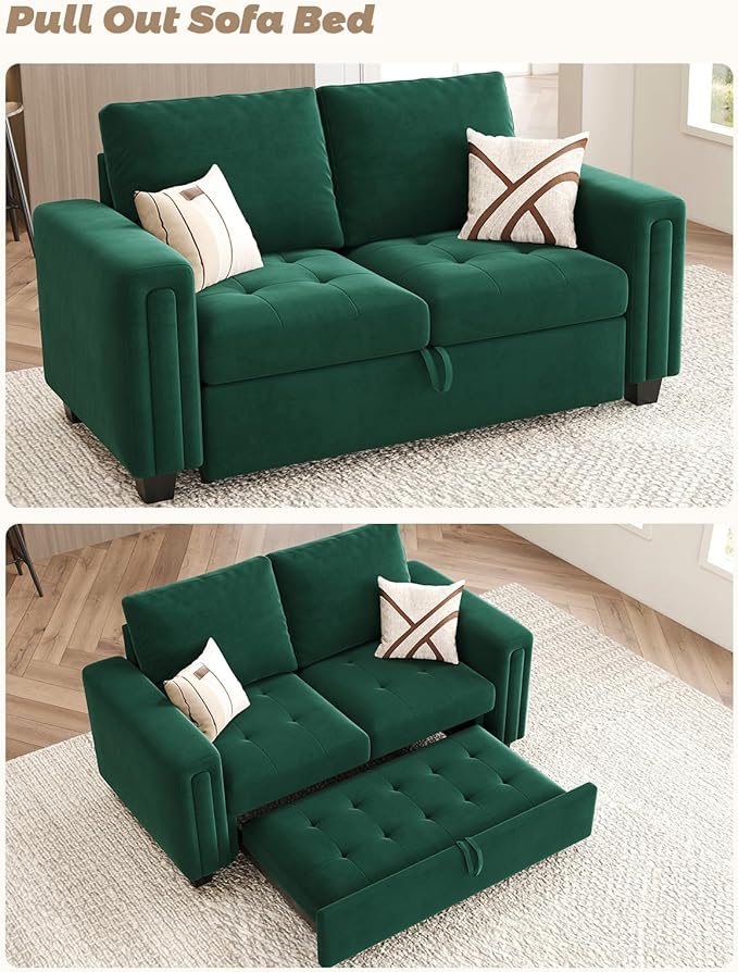 Belffin Modular Sectional Sleeper Sofa with Pull Out Couch Bed Modular Sleeper Loveseat Sectional Sofa Velvet Fabric for Living Room Apartment Green-Ruum Studio Home