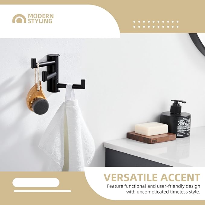 Angle Simple Swivel Towel Hook 3 Arms, SUS 304 Stainless Steel Foldable Bathroom Robe Towel Hook, Wall Coat Holder, Matte Black-Ruum Studio Home