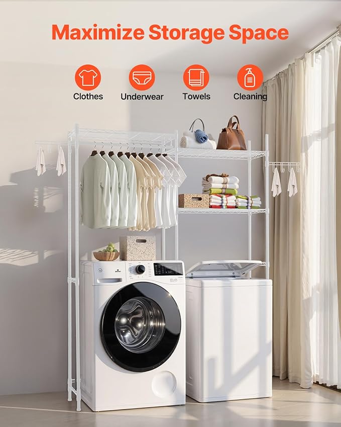 VEVOR Over The Washer and Dryer Storage Shelf, 5 Tier Laundry Room Drying Rack with Hanger Rod and Hooks, Adjustable Over Washer and Dryer Shelves, Laundry Room Shelf Storage Space Saver, White-Ruum Studio Home