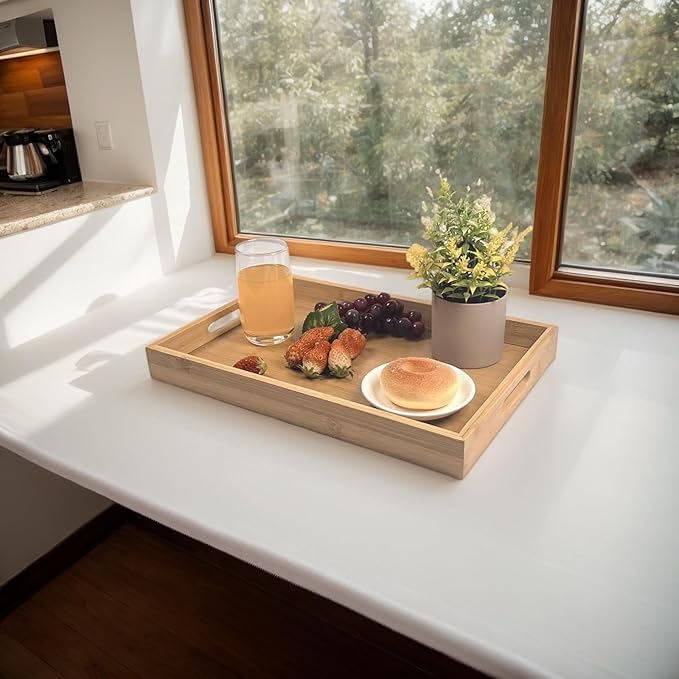 Large Bamboo Wooden Tray with Handles, Rectangular Natural Solid Wood Dinner Tray, Bamboo Wood Original Color. Suitable for Kitchen,Bedroom, Coffee, Party bar. (14.9x10.2 inches)-Ruum Studio Home
