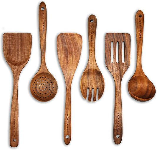 GreyWooden Kitchen Utensil Set, 6Pcs Wooden Cooking Utensils for Non-Stick Pan, 100% Natural Teak Wooden Spatula-Ruum Studio Home