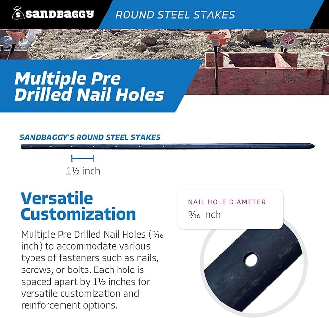 Sandbaggy Round Steel Concrete Form Stakes with Nail Holes - Rust Resistant Coating - Removable, Reusable (5, 3/4 in X 36 in)-Ruum Studio Home