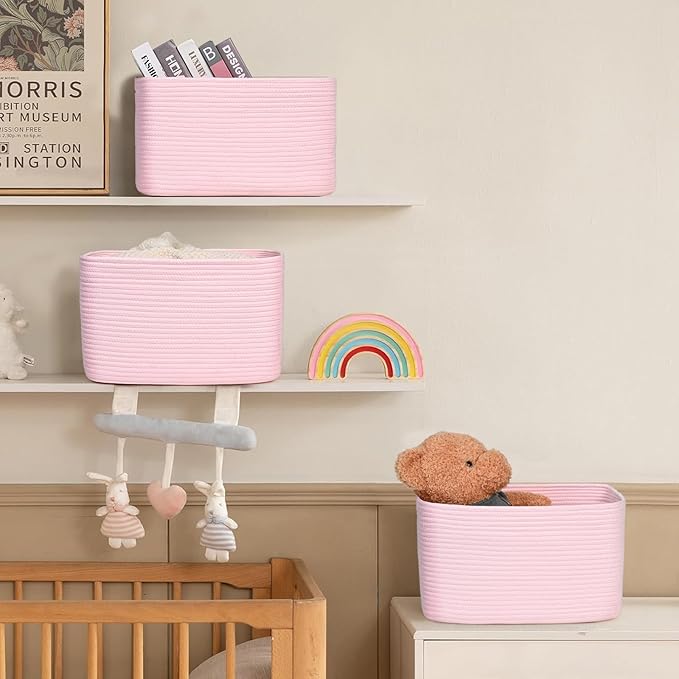 3-Pack Shelf Baskets for Organizing, Woven Storage Basket for Shelves, Cotton Rope Storage Bins for Toys Books, Nursery Towel Baskets for Classroom, 14.96"X9.8"X8.85", Pink-Ruum Studio Home