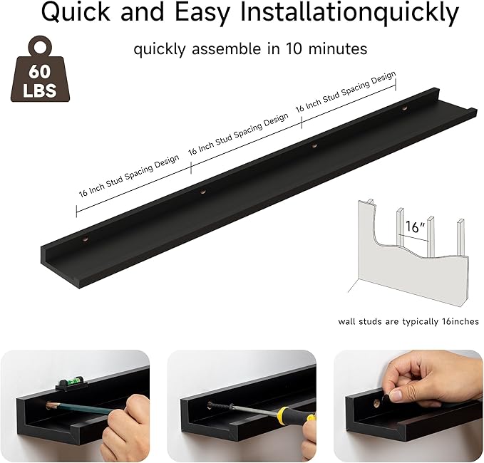 Floating Picture Ledge Shelves for Wall Set of 2, 55 Inches Picture Shelf with Ledge, Nursery Book Shelf for Toys Storage Kids Bookshelf Wall Mounted Living Room Bedroom Decor Frames, Black-Ruum Studio Home